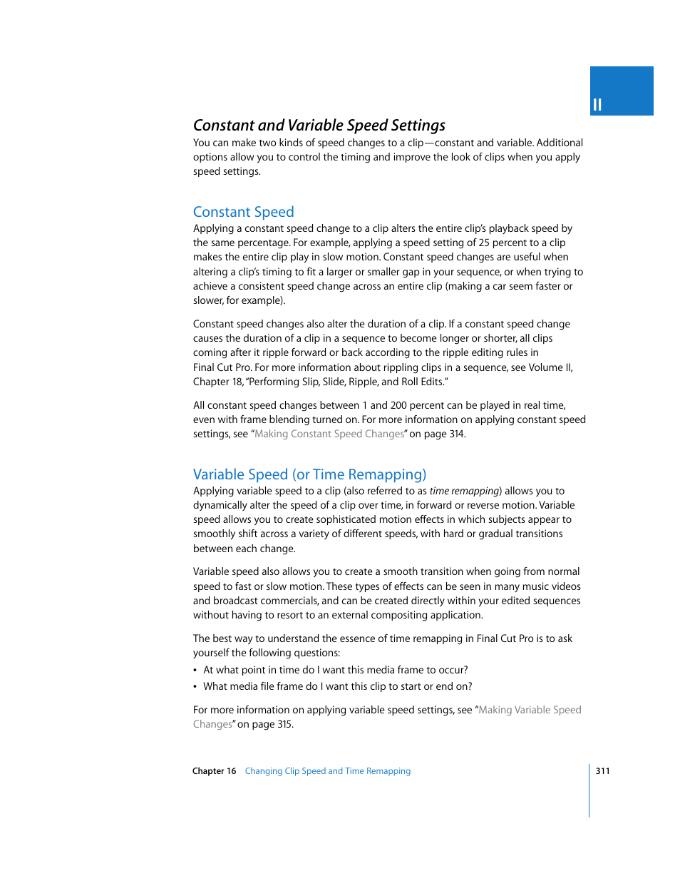 Constant and variable speed settings, Constant speed, Variable speed (or time remapping) | P. 311) | Apple Final Cut Pro 5 User Manual | Page 1098 / 1868