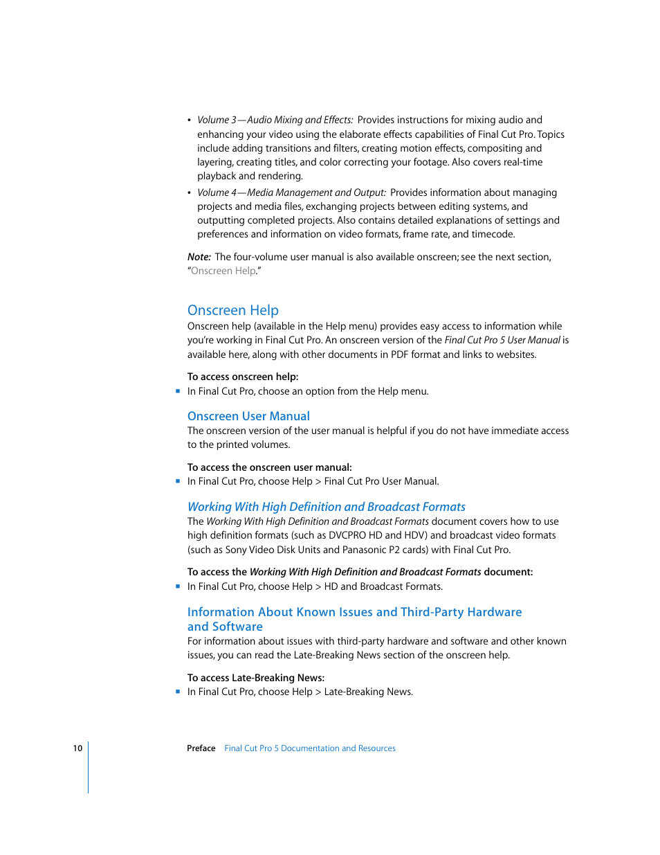 Onscreen help, Onscreen user manual, Working with high definition and broadcast formats | Apple Final Cut Pro 5 User Manual | Page 11 / 1868