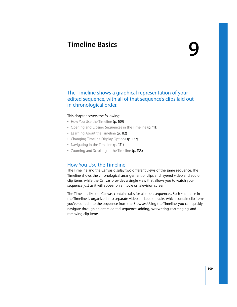 Timeline basics, How you use the timeline, Chapter 9 | Apple Final Cut Pro 5 User Manual | Page 110 / 1868