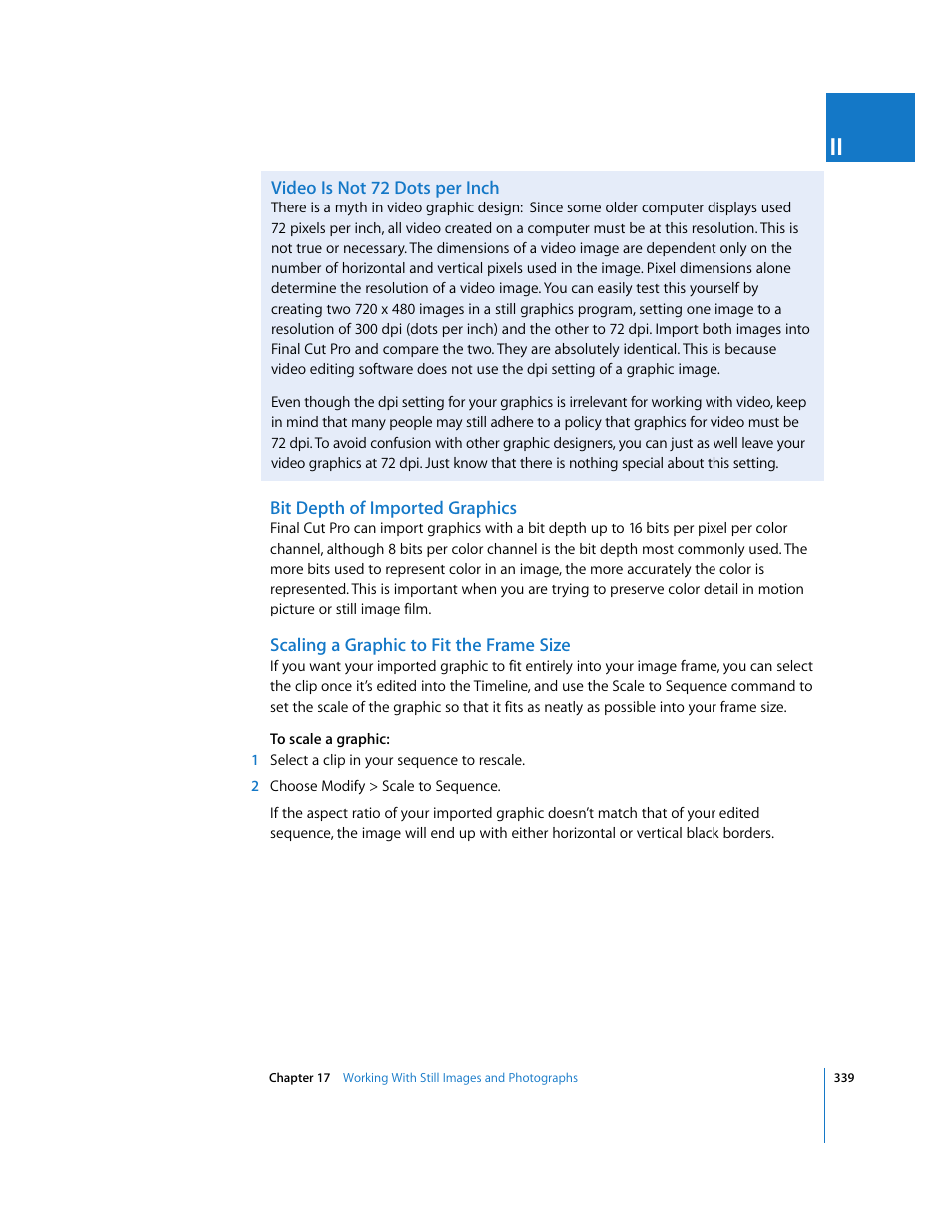 Video is not 72 dots per inch, Bit depth of imported graphics, Scaling a graphic to fit the frame size | Apple Final Cut Pro 5 User Manual | Page 1126 / 1868
