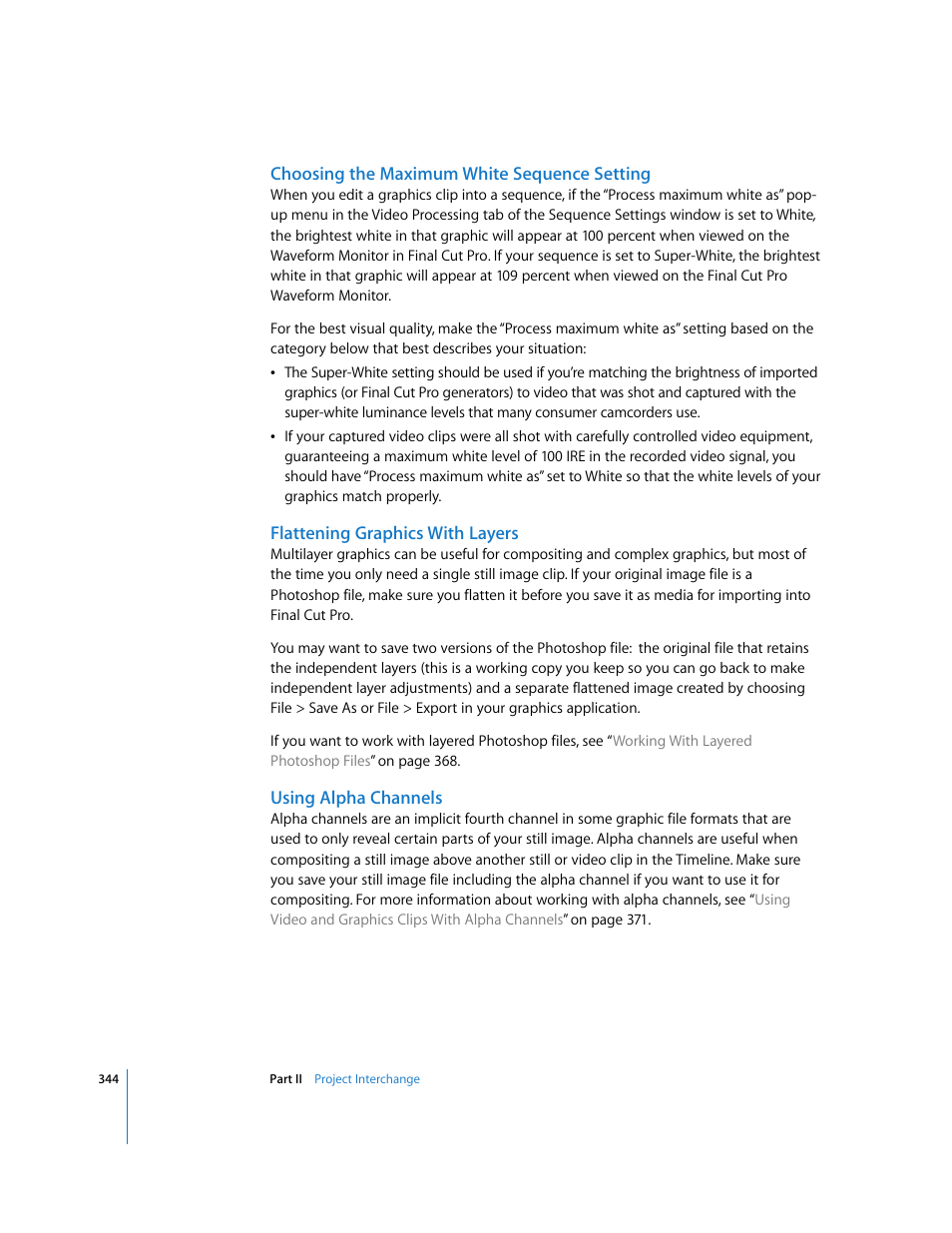 Choosing the maximum white sequence setting, Flattening graphics with layers, Using alpha channels | Apple Final Cut Pro 5 User Manual | Page 1131 / 1868