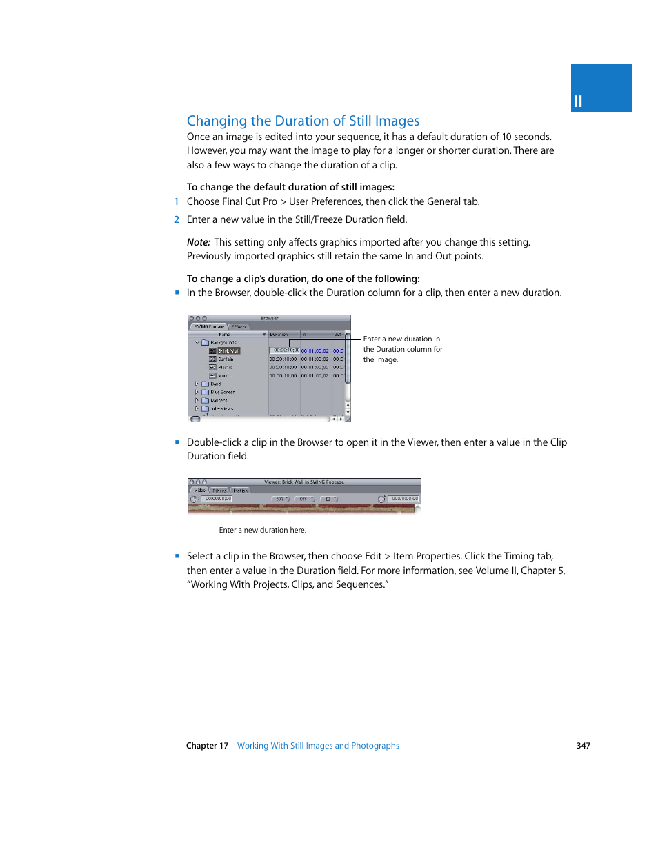Changing the duration of still images, P. 347), Changing the | Duration of still images | Apple Final Cut Pro 5 User Manual | Page 1134 / 1868