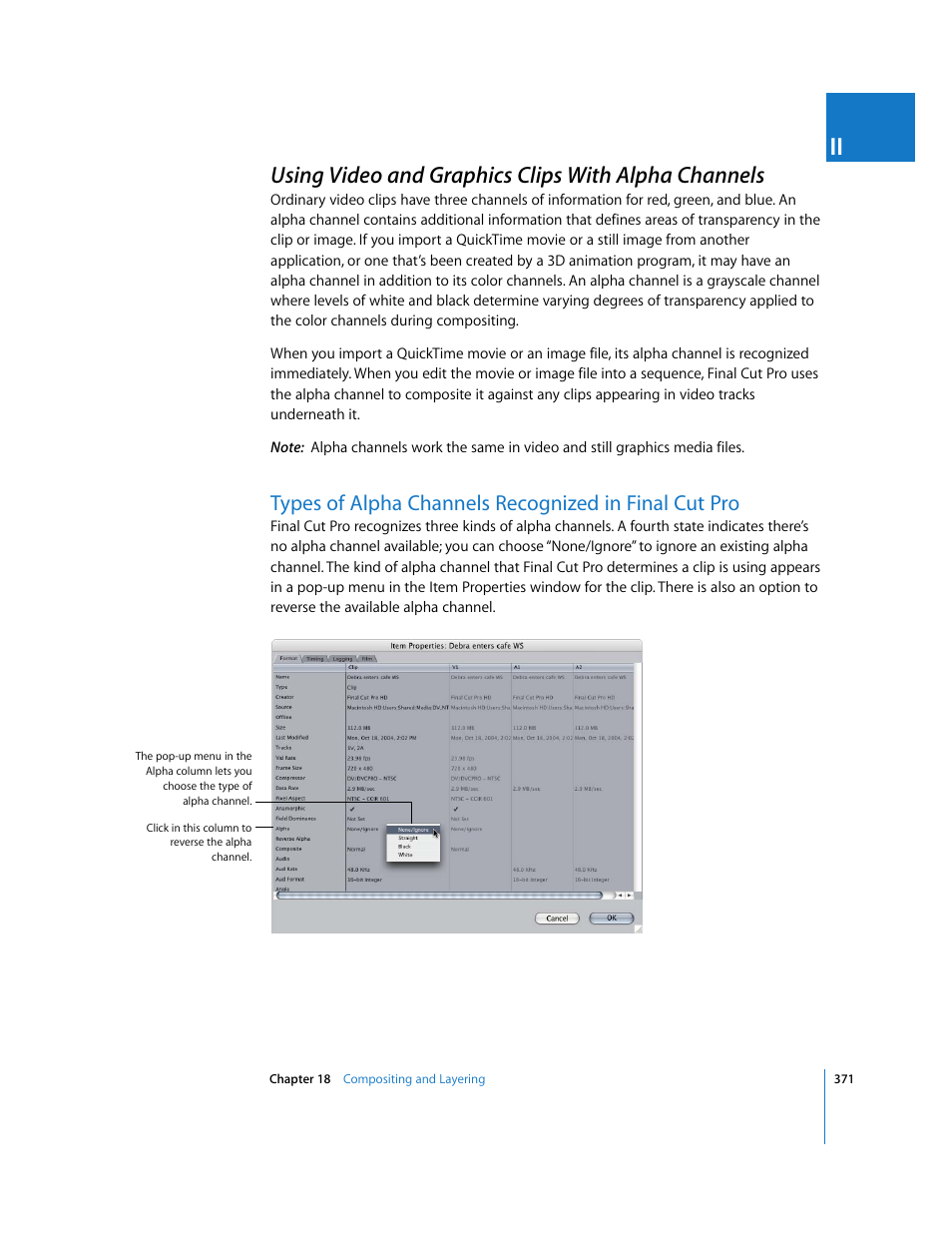 Using video and graphics clips with alpha channels, Using, Video and graphics clips with alpha channels | P. 371), Ed alpha track (see | Apple Final Cut Pro 5 User Manual | Page 1158 / 1868