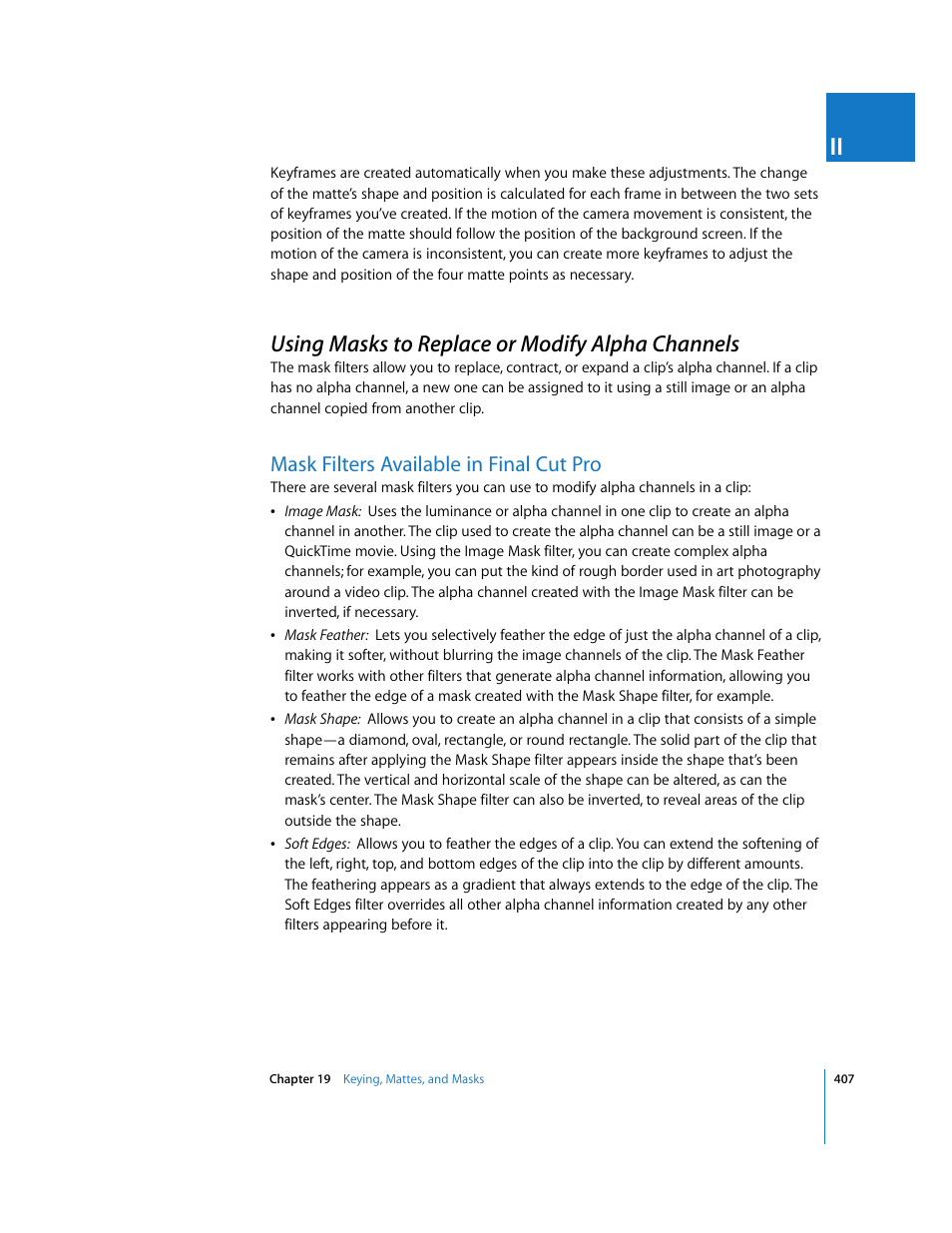 Using masks to replace or modify alpha channels, Mask filters available in final cut pro, P. 407) | Apple Final Cut Pro 5 User Manual | Page 1194 / 1868