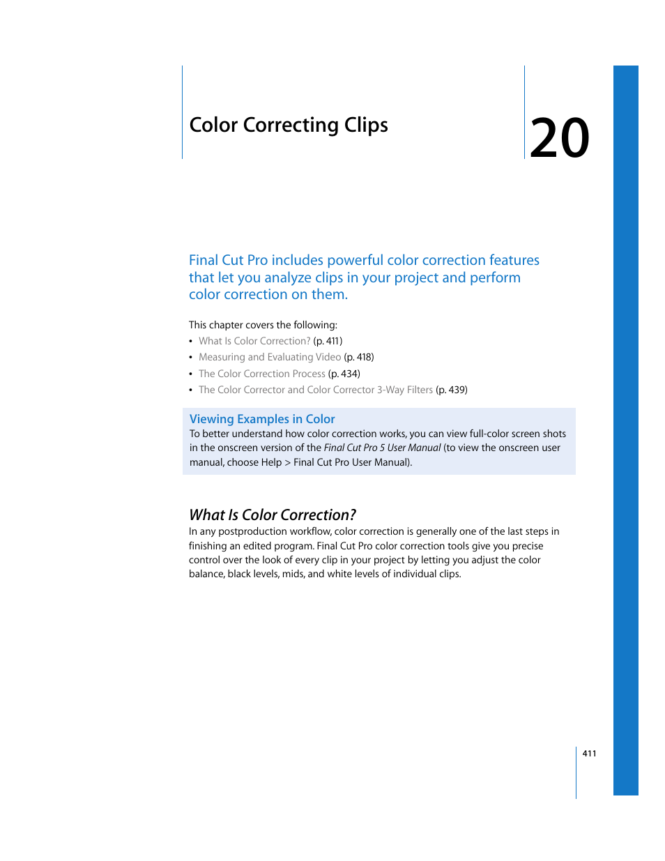 Color correcting clips, Viewing examples in color, What is color correction | Chapter 20, See chapter 20, Color, Correcting clips | Apple Final Cut Pro 5 User Manual | Page 1198 / 1868