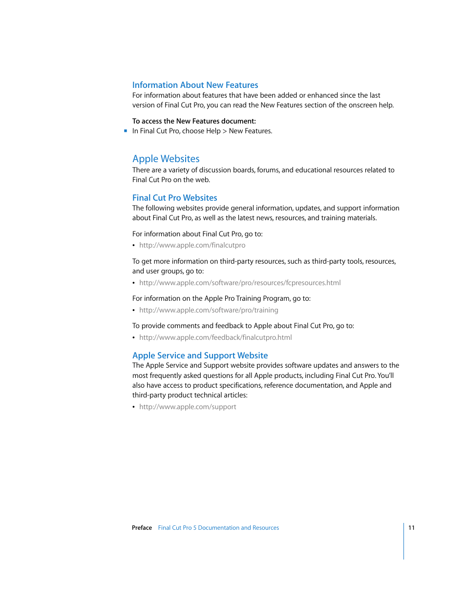 Information about new features, Apple websites, Final cut pro websites | Apple service and support website | Apple Final Cut Pro 5 User Manual | Page 12 / 1868