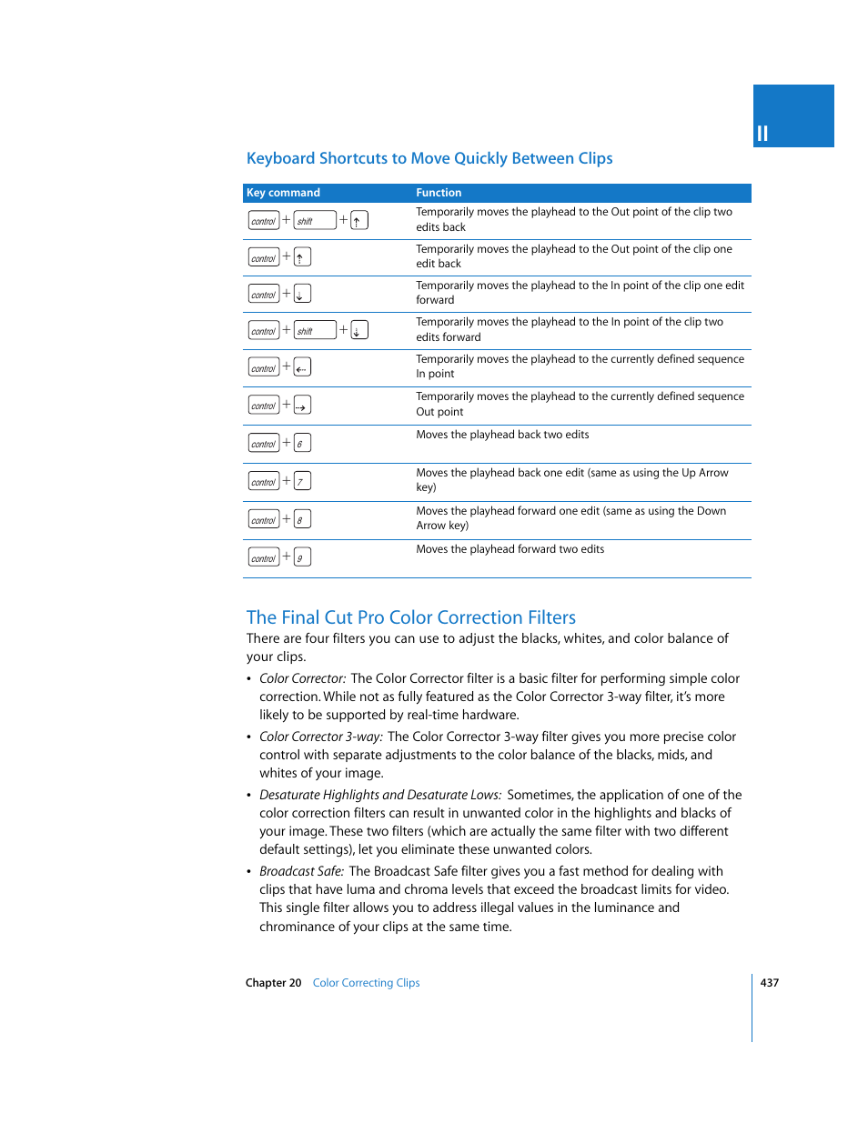 Keyboard shortcuts to move quickly between clips, The final cut pro color correction filters | Apple Final Cut Pro 5 User Manual | Page 1224 / 1868