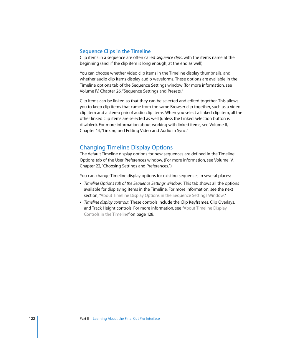 Sequence clips in the timeline, Changing timeline display options, P. 122) | Changing timeline display, Options | Apple Final Cut Pro 5 User Manual | Page 123 / 1868