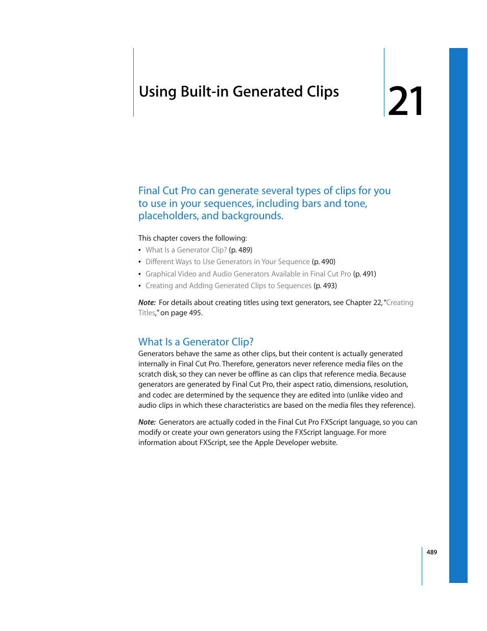 Using built-in generated clips, What is a generator clip, Chapter 21 | Er 21, Using built-in, Generated clips | Apple Final Cut Pro 5 User Manual | Page 1276 / 1868