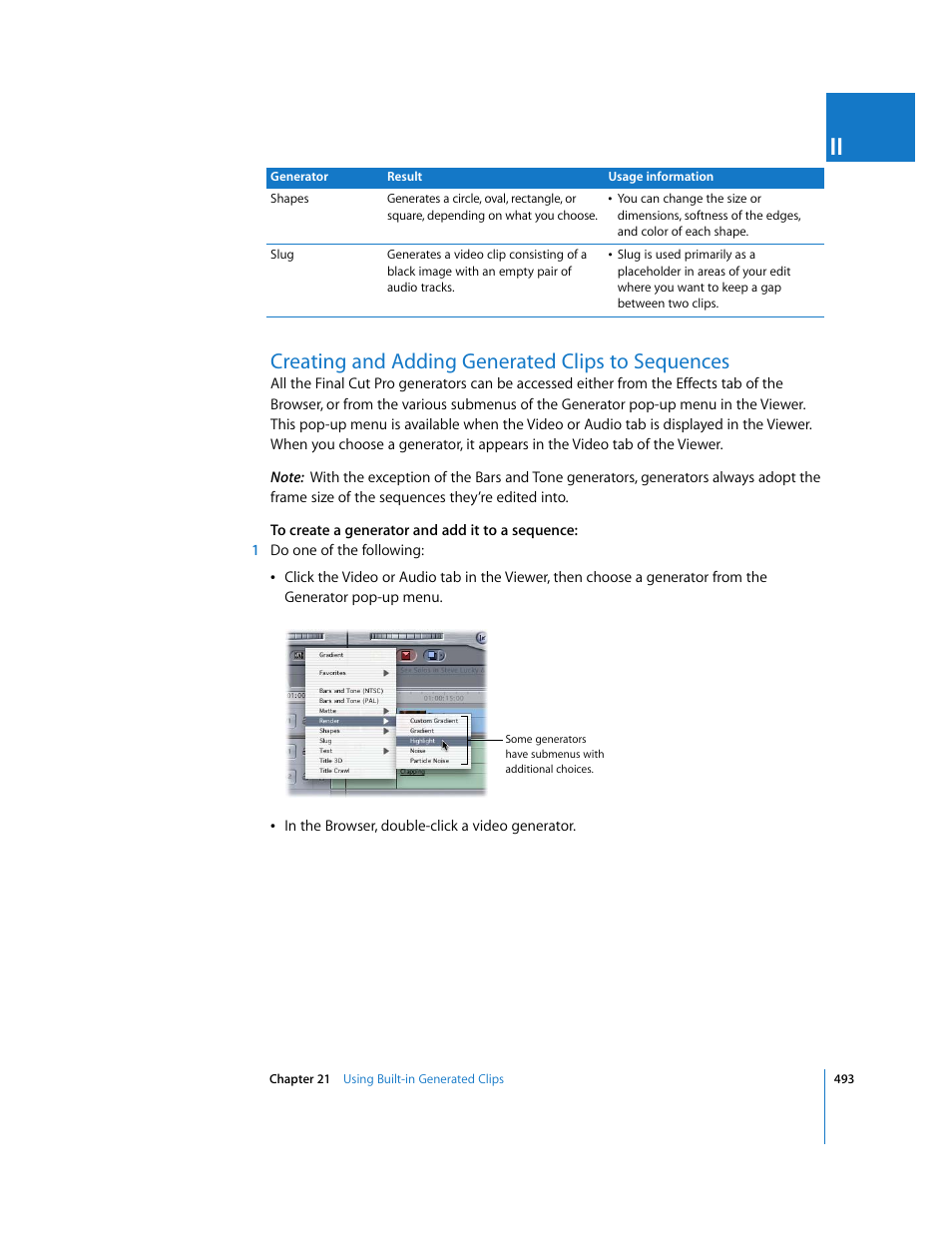 Creating and adding generated clips to sequences, P. 493) | Apple Final Cut Pro 5 User Manual | Page 1280 / 1868