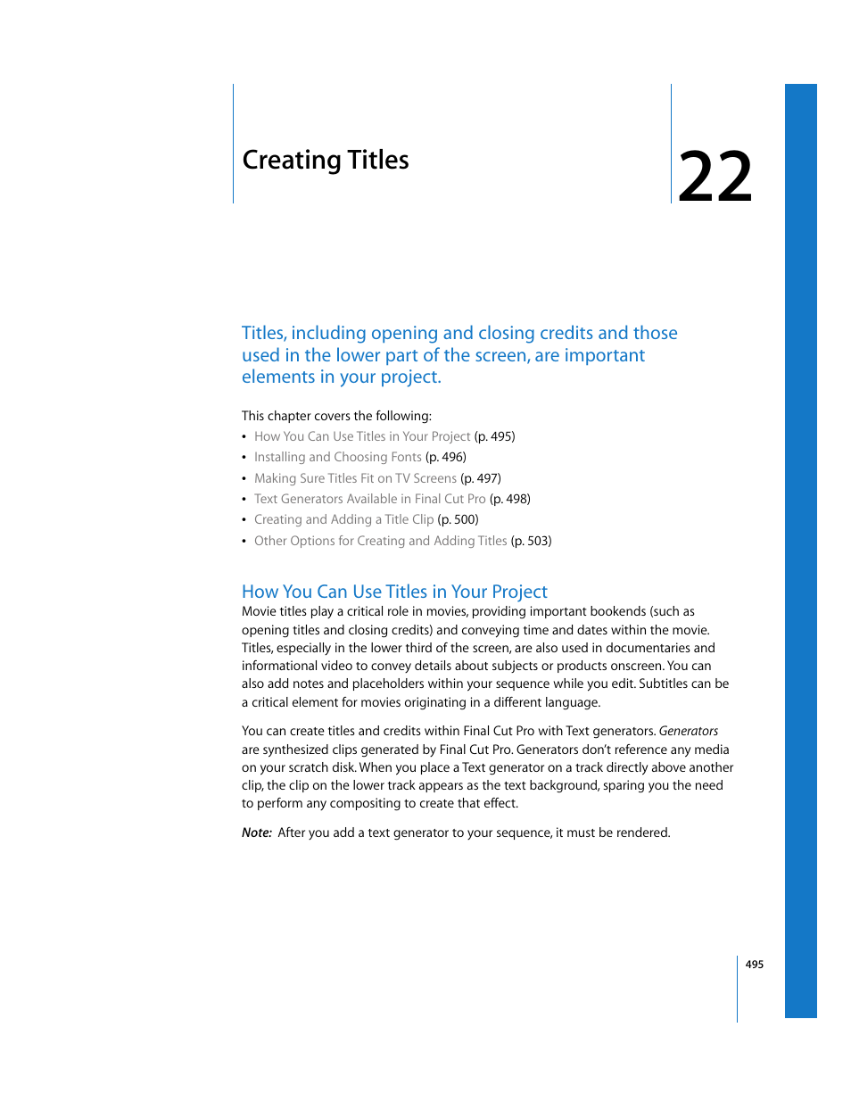 Creating titles, How you can use titles in your project, Chapter 22 | See chapter 22, Creating, Titles | Apple Final Cut Pro 5 User Manual | Page 1282 / 1868
