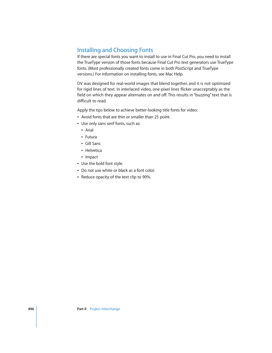 Installing and choosing fonts, Installing, And choosing fonts | P. 496) | Apple Final Cut Pro 5 User Manual | Page 1283 / 1868