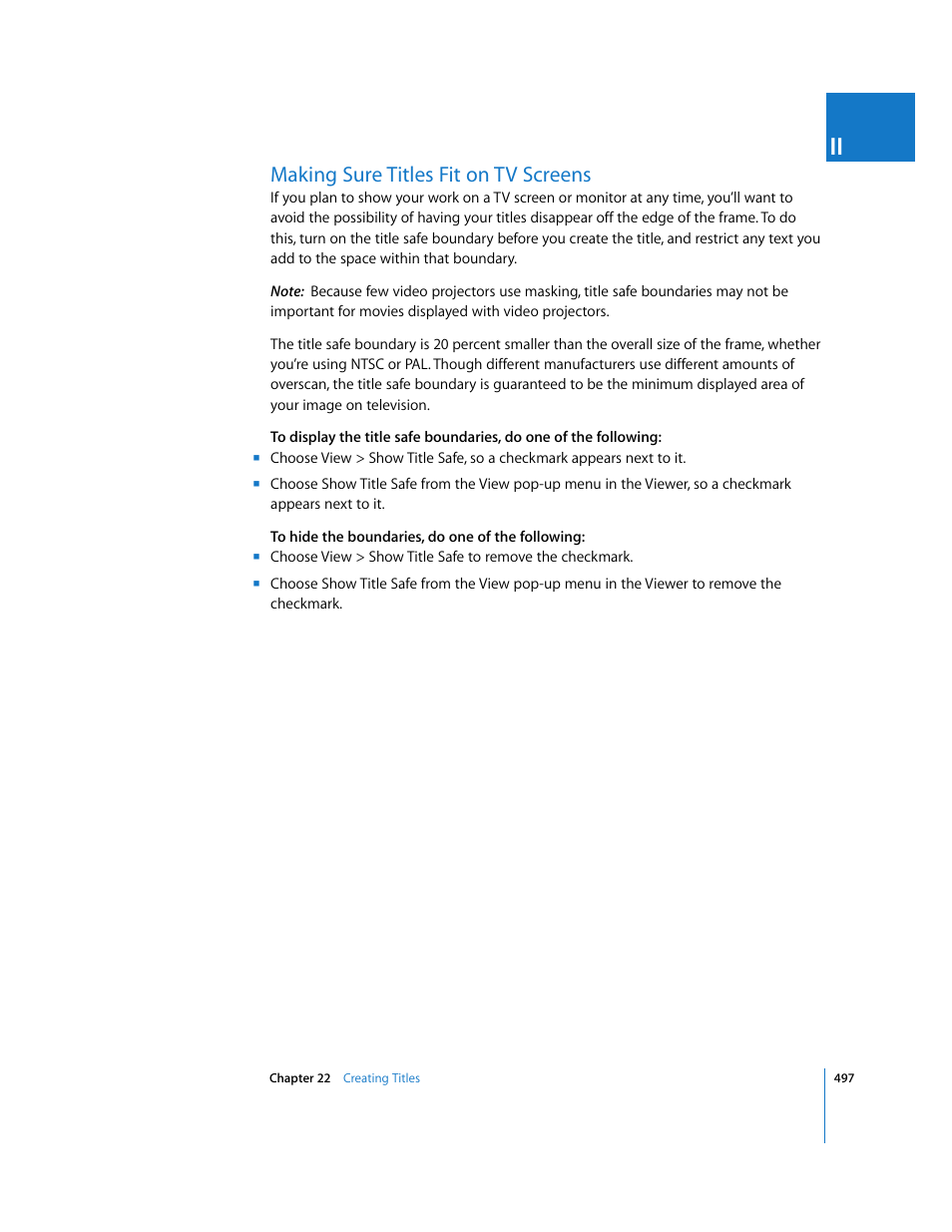 Making sure titles fit on tv screens, P. 497) | Apple Final Cut Pro 5 User Manual | Page 1284 / 1868