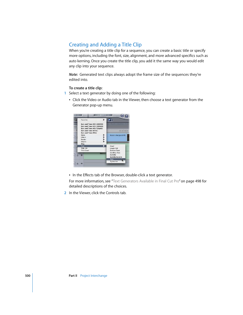 Creating and adding a title clip, P. 500) | Apple Final Cut Pro 5 User Manual | Page 1287 / 1868