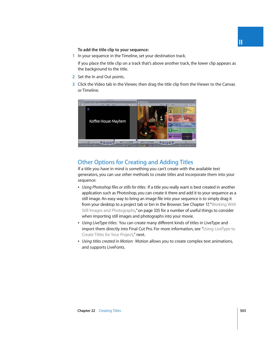 Other options for creating and adding titles, P. 503) | Apple Final Cut Pro 5 User Manual | Page 1290 / 1868