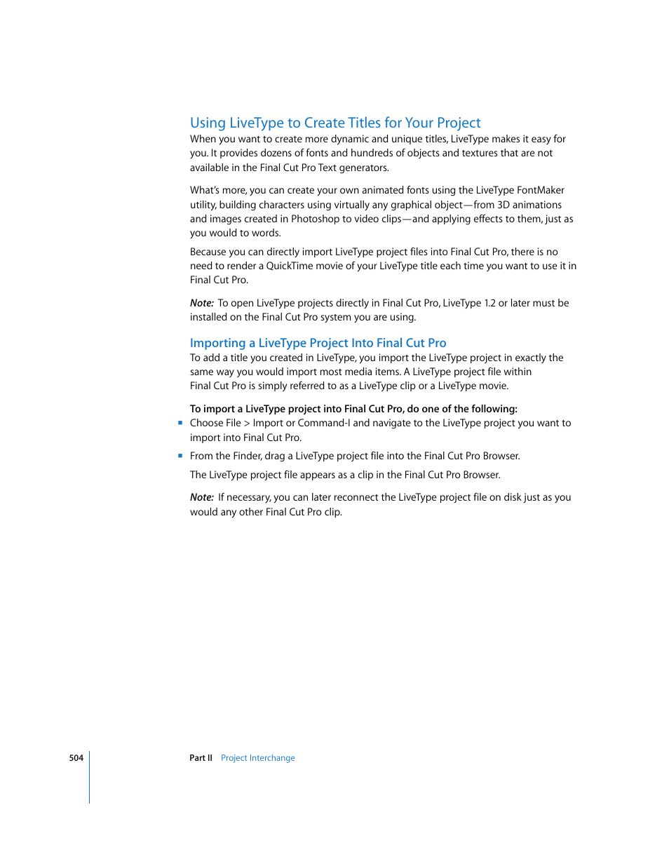 Using livetype to create titles for your project, Importing a livetype project into final cut pro, Using livetype to | Create titles for your project | Apple Final Cut Pro 5 User Manual | Page 1291 / 1868