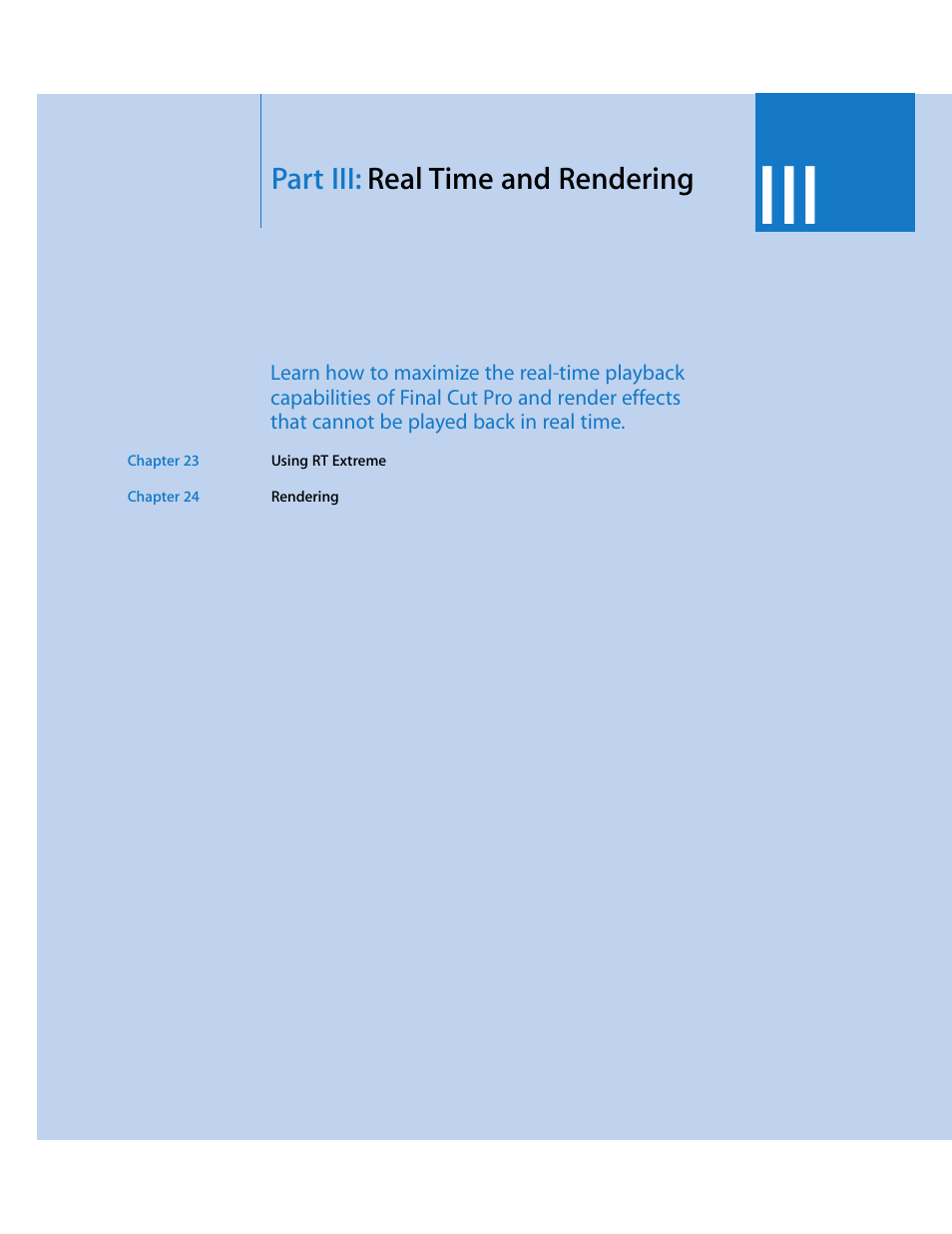 Part iii: real time and rendering, Part iii, Real time and rendering | Apple Final Cut Pro 5 User Manual | Page 1294 / 1868