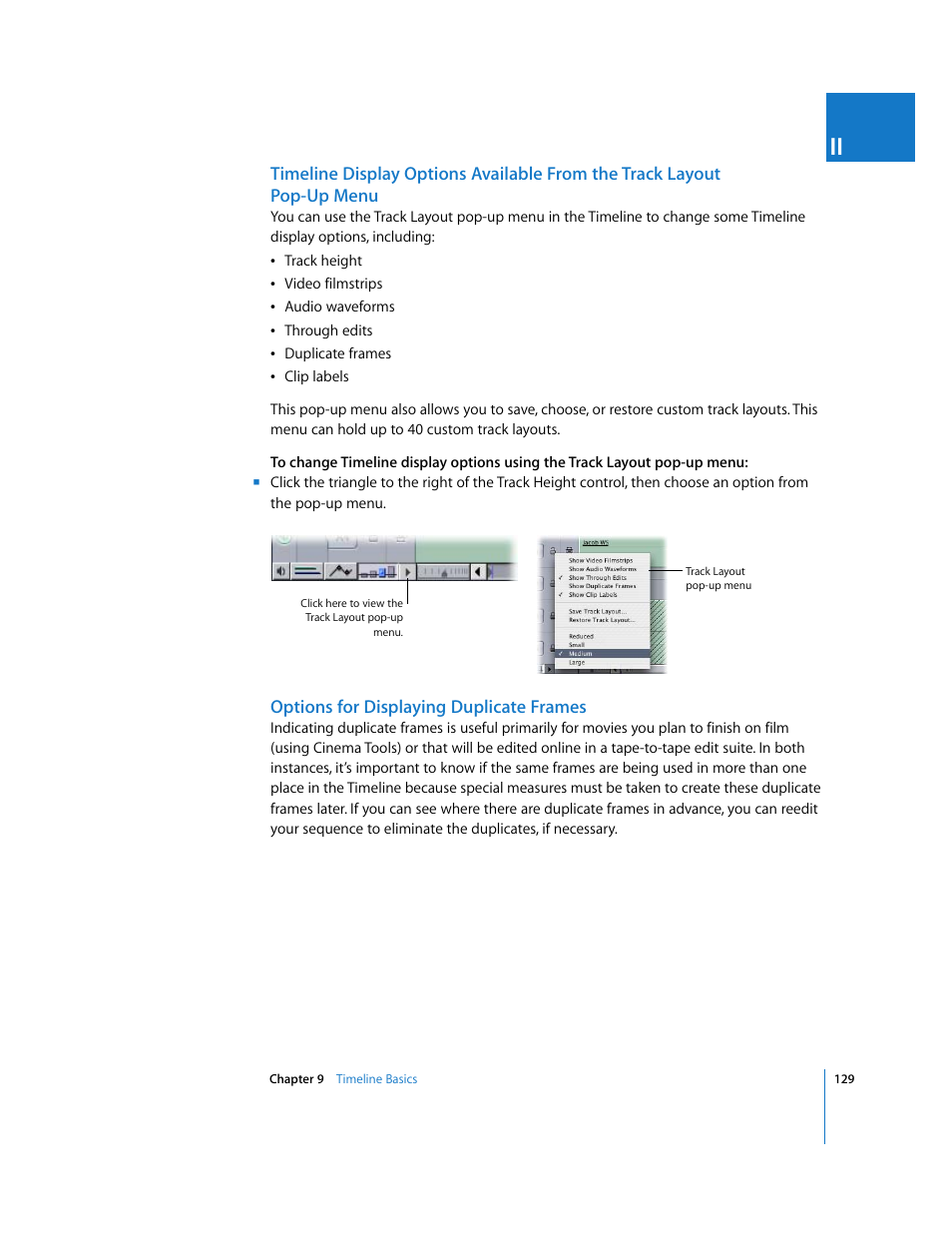 Options for displaying duplicate frames, Pop-up menu, Options | For displaying duplicate frames | Apple Final Cut Pro 5 User Manual | Page 130 / 1868