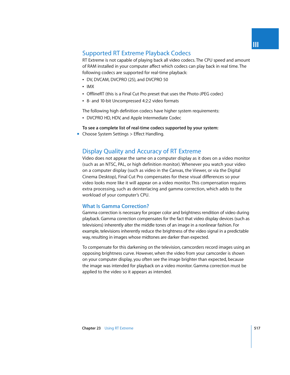 Supported rt extreme playback codecs, Display quality and accuracy of rt extreme, What is gamma correction | Apple Final Cut Pro 5 User Manual | Page 1304 / 1868