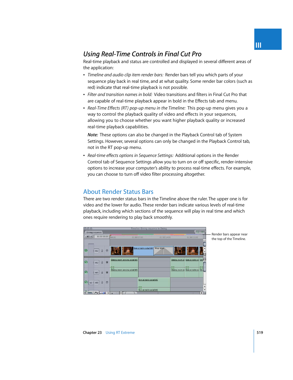Using real-time controls in final cut pro, About render status bars, P. 519) | Apple Final Cut Pro 5 User Manual | Page 1306 / 1868