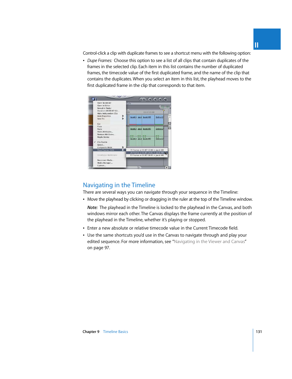 Navigating in the timeline, P. 131) | Apple Final Cut Pro 5 User Manual | Page 132 / 1868