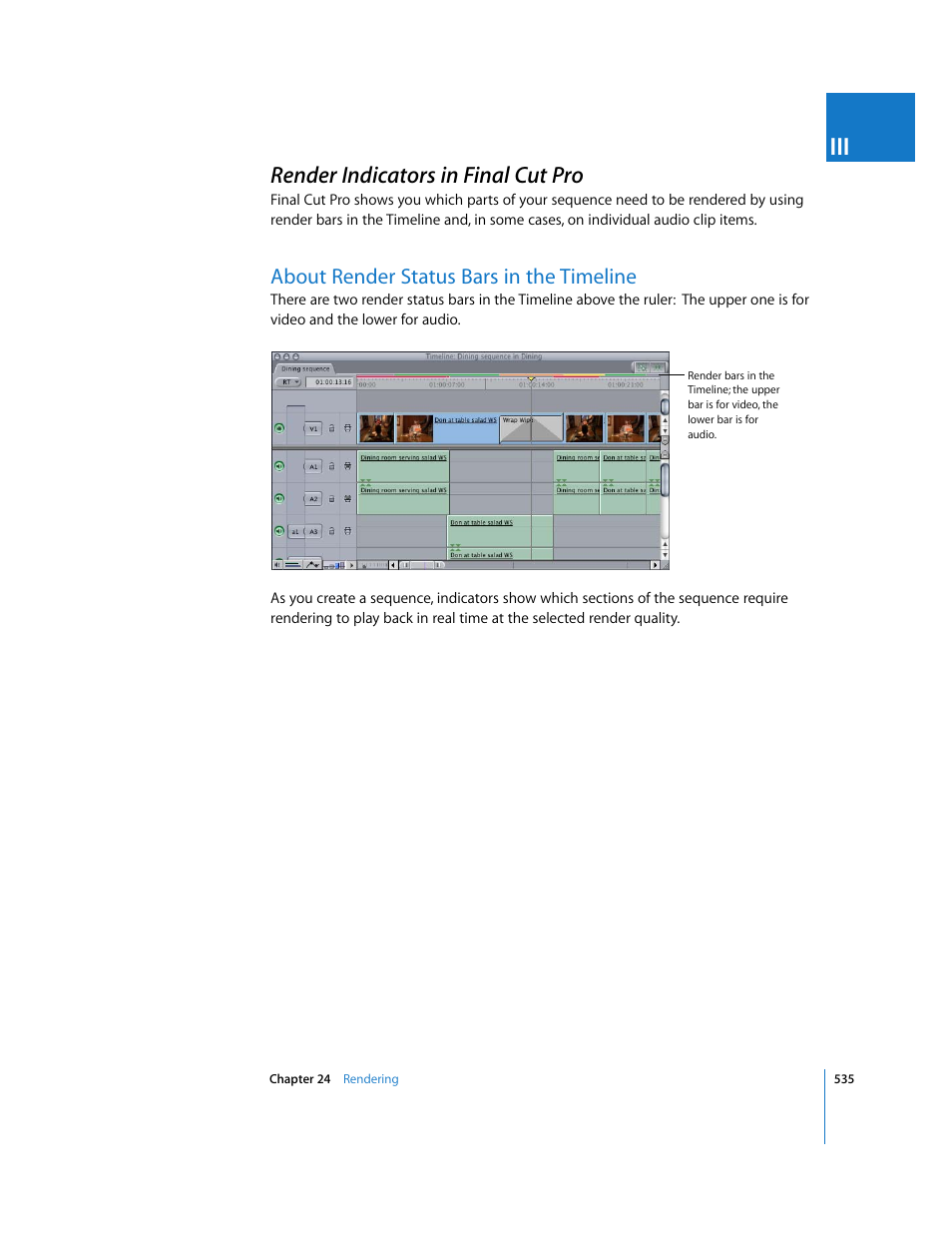 Render indicators in final cut pro, About render status bars in the timeline, P. 535) | Apple Final Cut Pro 5 User Manual | Page 1322 / 1868