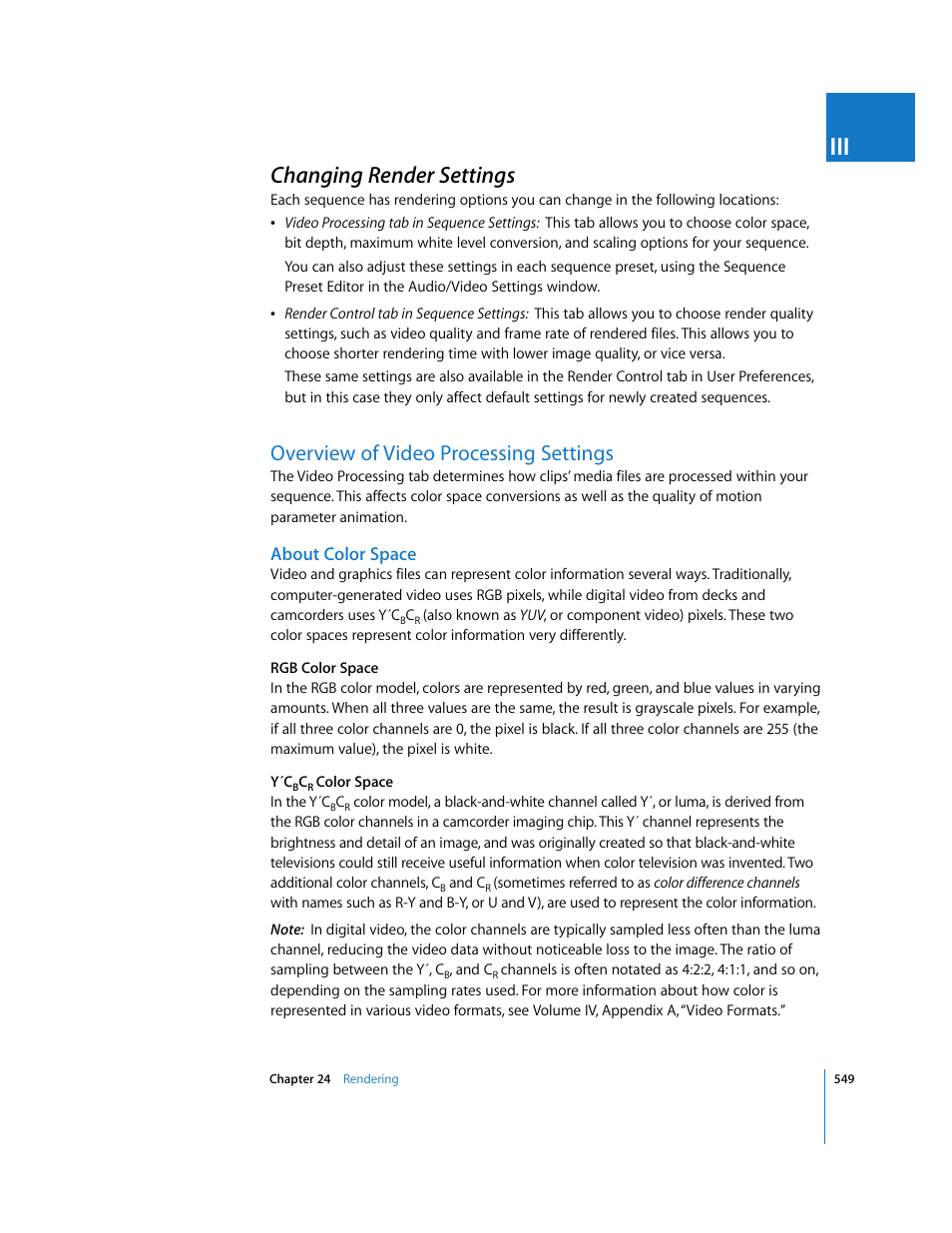 Changing render settings, Overview of video processing settings, About color space | P. 549) | Apple Final Cut Pro 5 User Manual | Page 1336 / 1868