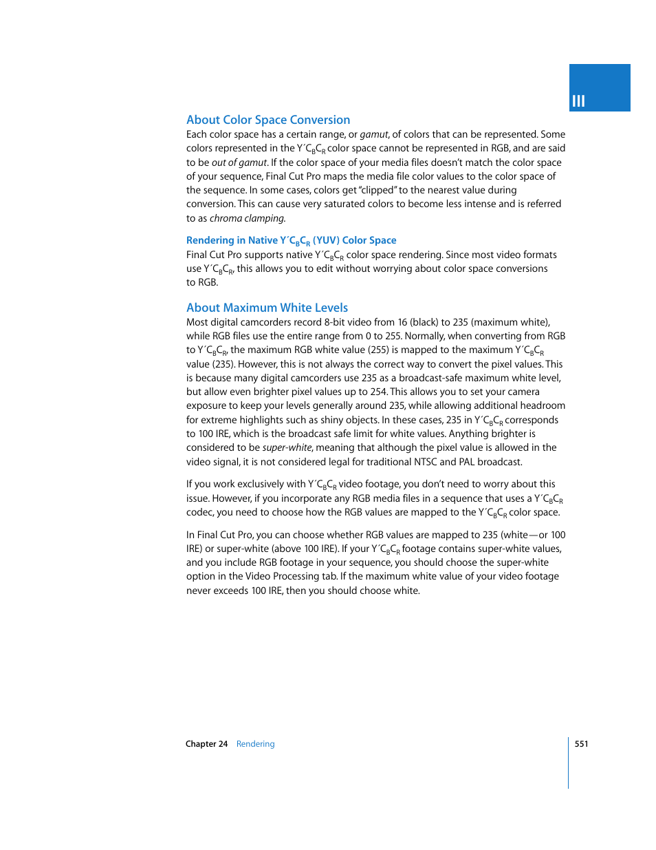 About color space conversion, About maximum white levels | Apple Final Cut Pro 5 User Manual | Page 1338 / 1868