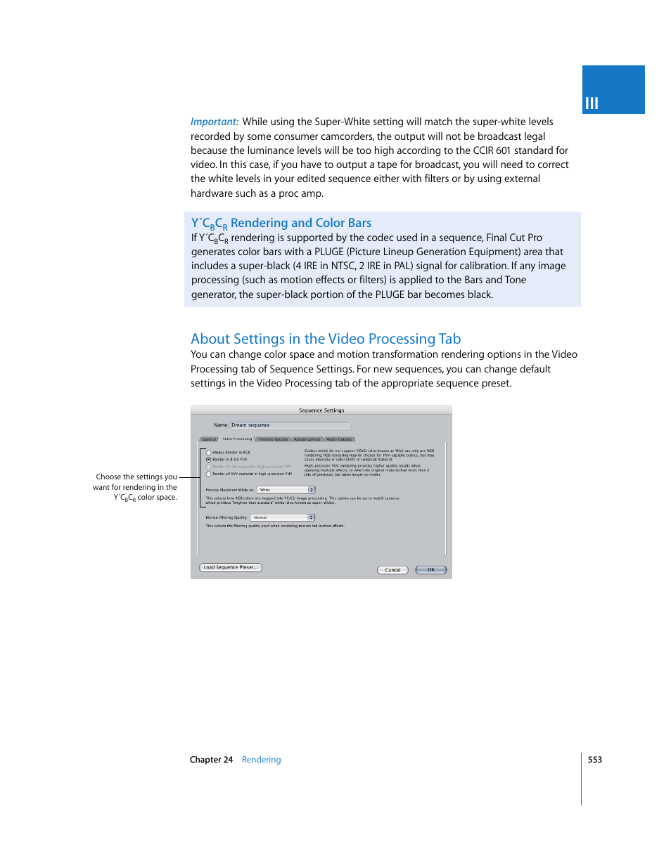 Y´cbcr rendering and color bars, About settings in the video processing tab, Rendering and color bars | Apple Final Cut Pro 5 User Manual | Page 1340 / 1868