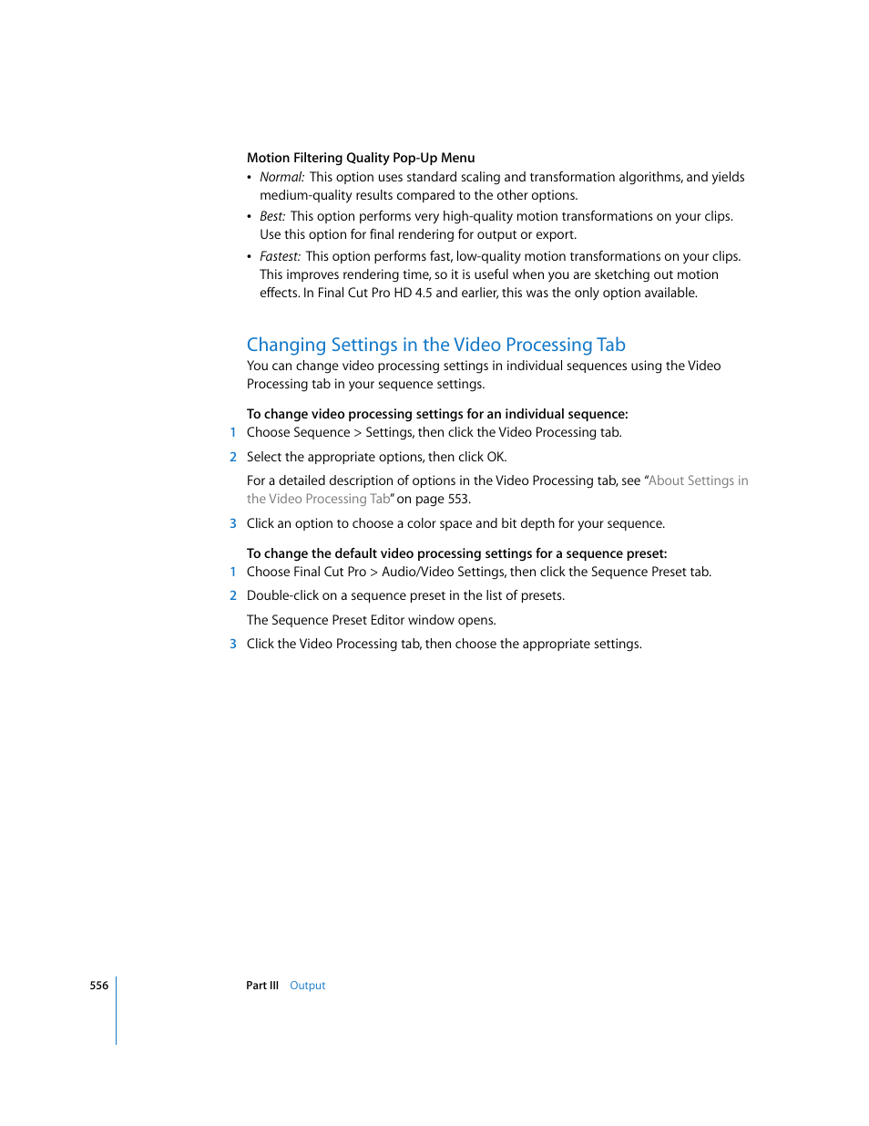 Changing settings in the video processing tab | Apple Final Cut Pro 5 User Manual | Page 1343 / 1868
