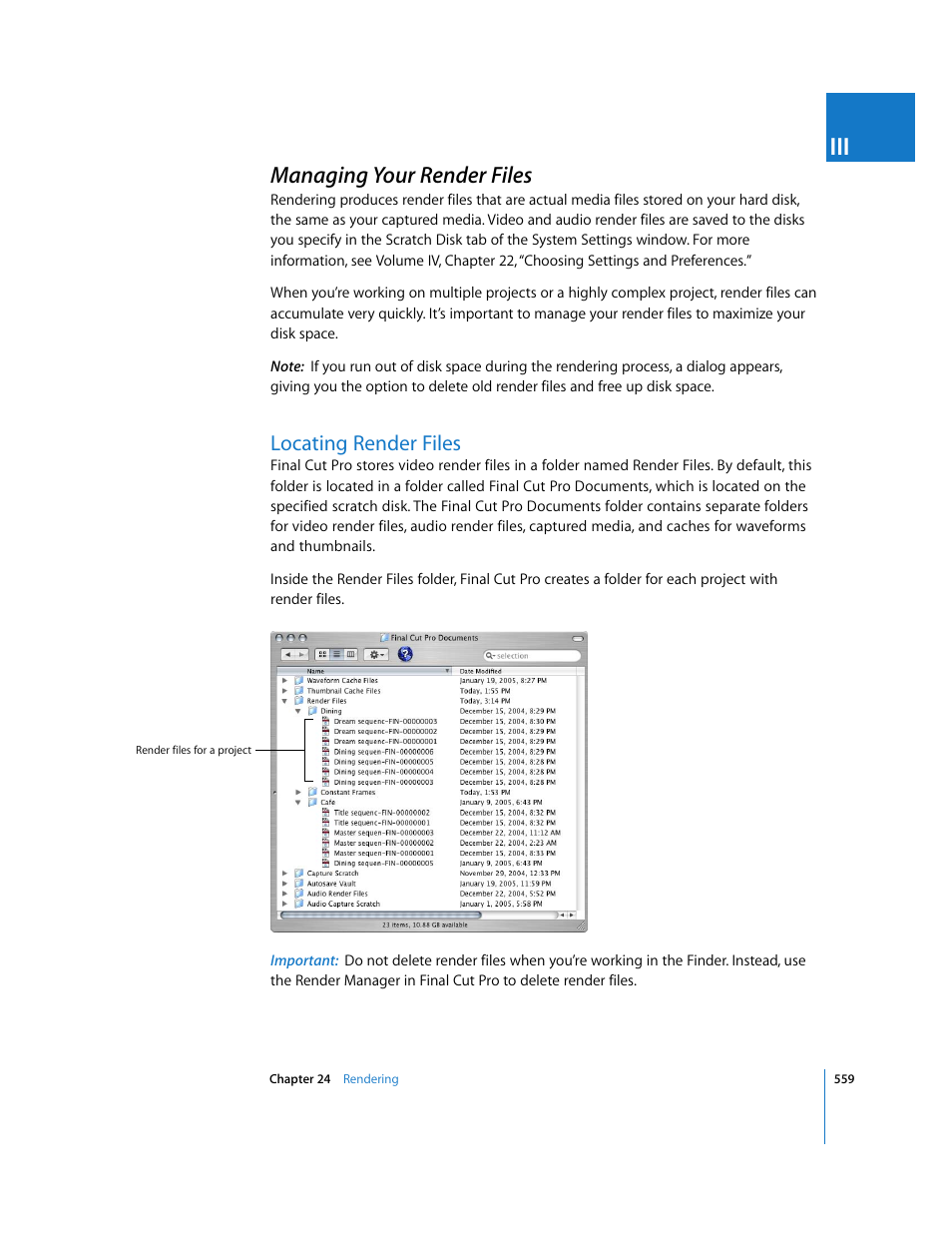 Managing your render files, Locating render files, P. 559) | Apple Final Cut Pro 5 User Manual | Page 1346 / 1868