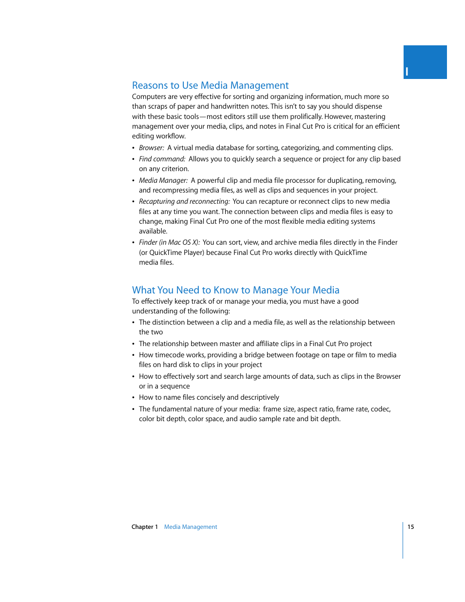 Reasons to use media management, What you need to know to manage your media, P. 15) | Apple Final Cut Pro 5 User Manual | Page 1366 / 1868