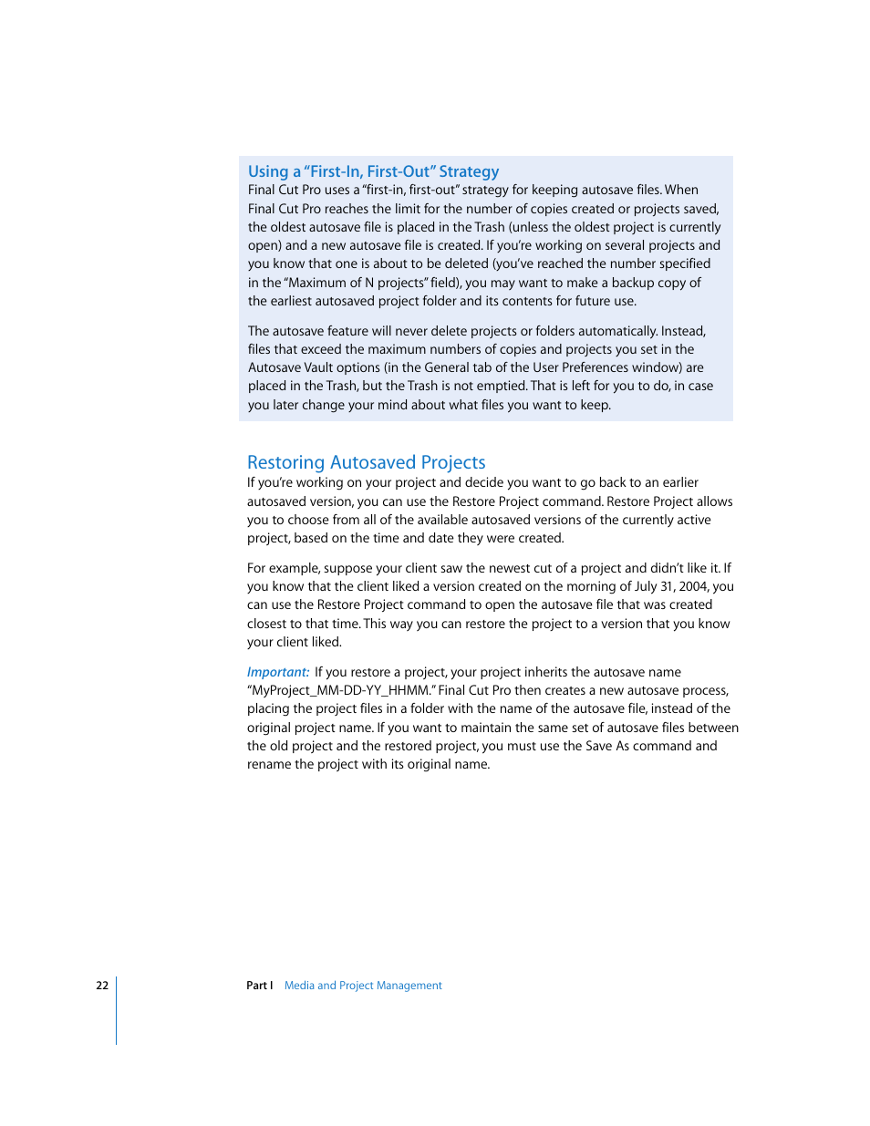 Using a “first-in, first-out” strategy, Restoring autosaved projects | Apple Final Cut Pro 5 User Manual | Page 1373 / 1868