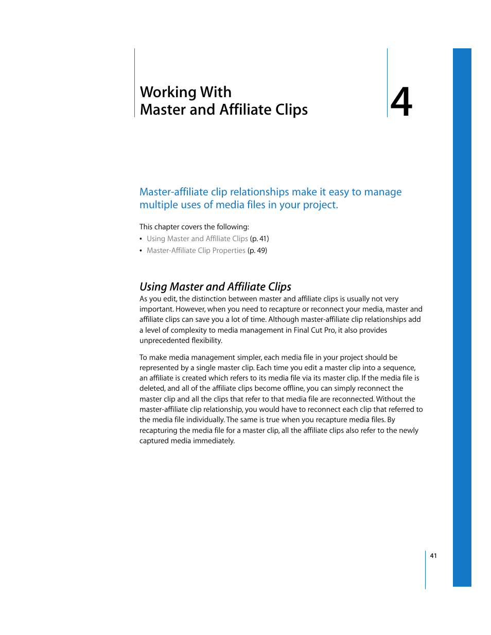 Working with master and affiliate clips, Using master and affiliate clips, Chapter 4 | Apple Final Cut Pro 5 User Manual | Page 1392 / 1868