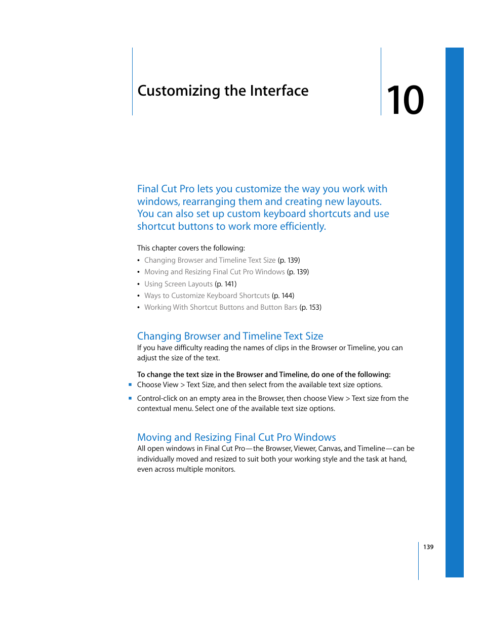 Customizing the interface, Changing browser and timeline text size, Moving and resizing final cut pro windows | Chapter 10 | Apple Final Cut Pro 5 User Manual | Page 140 / 1868