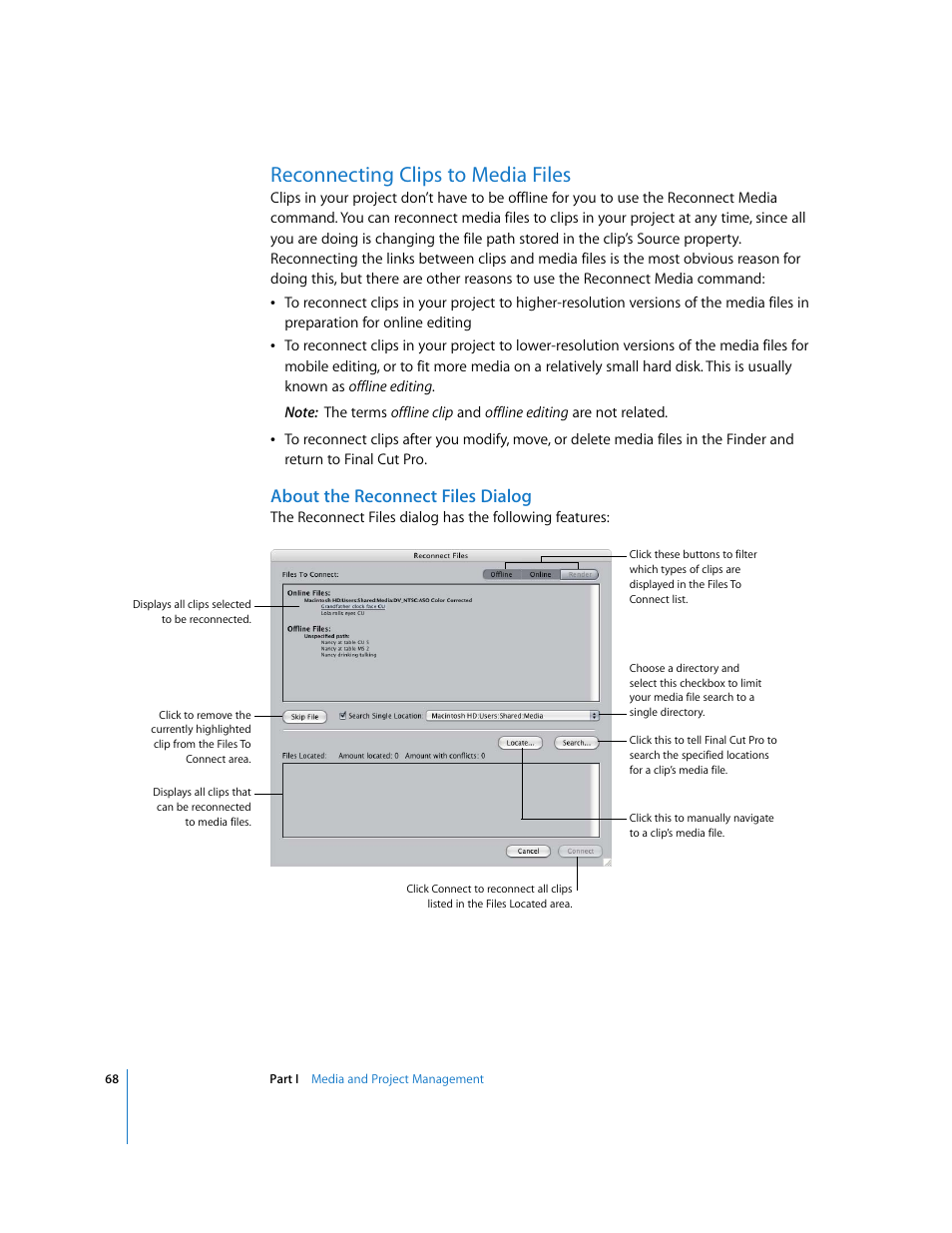 Reconnecting clips to media files, About the reconnect files dialog, P. 68) | Apple Final Cut Pro 5 User Manual | Page 1419 / 1868