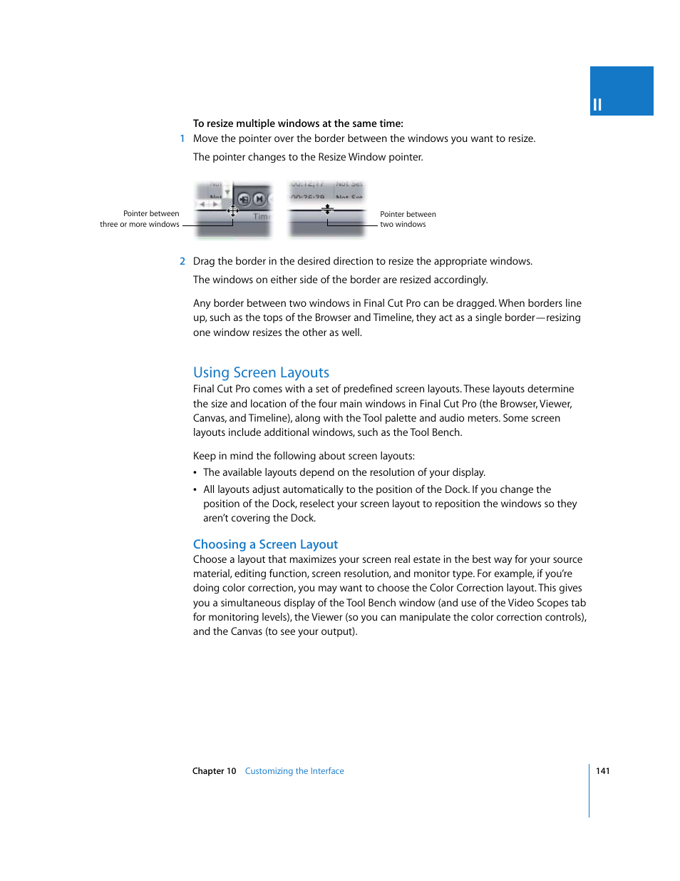 Using screen layouts, Choosing a screen layout, P. 141) | Apple Final Cut Pro 5 User Manual | Page 142 / 1868