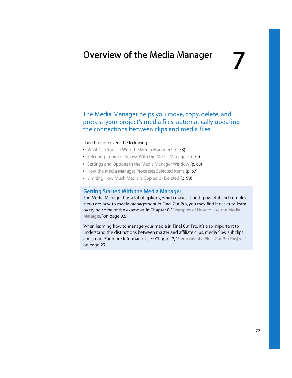 Overview of the media manager, Getting started with the media manager, Chapter 7 | See chapter 7, Overview of the, Media manager | Apple Final Cut Pro 5 User Manual | Page 1428 / 1868