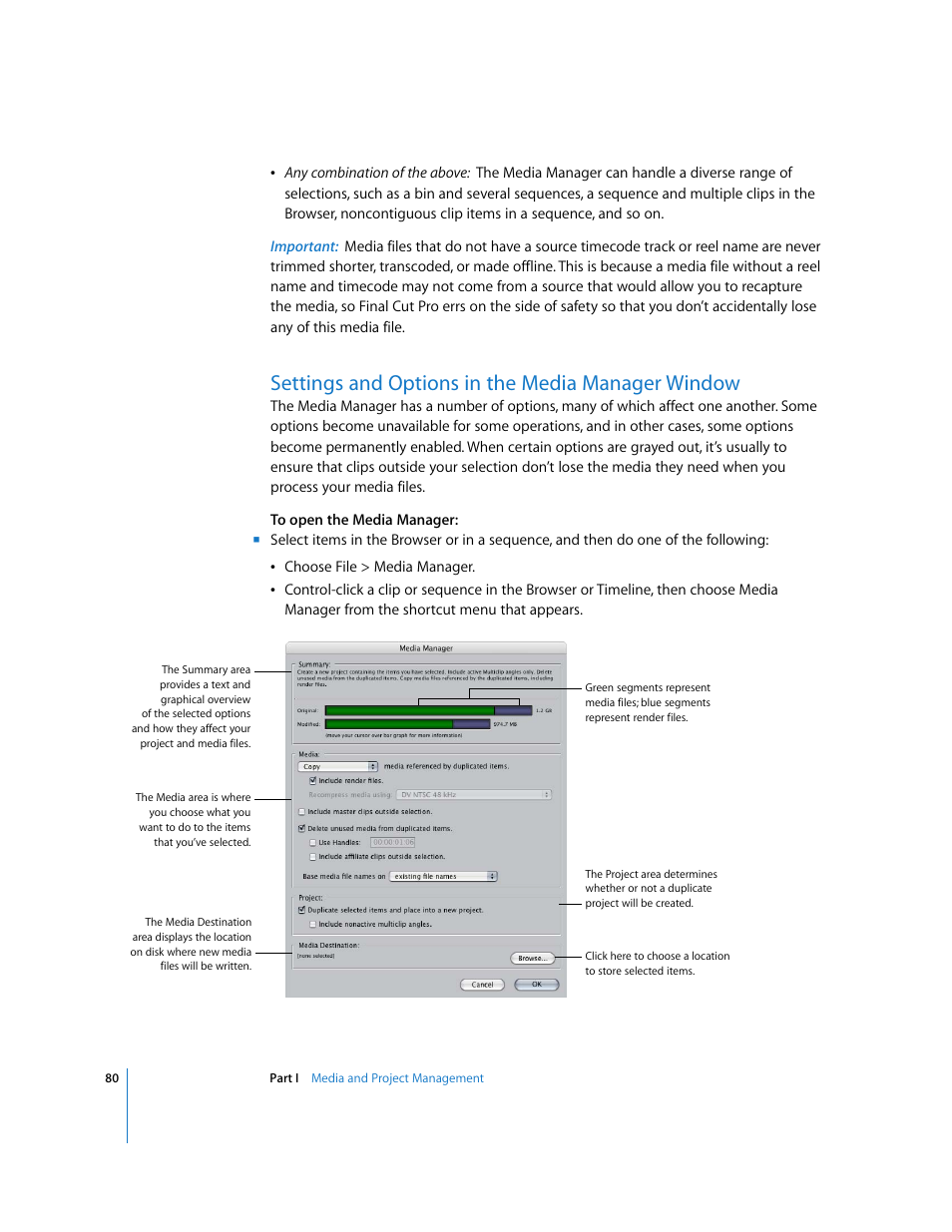 Settings and options in the media manager window, P. 80) | Apple Final Cut Pro 5 User Manual | Page 1431 / 1868