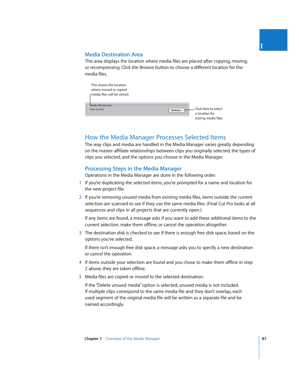Media destination area, How the media manager processes selected items, Processing steps in the media manager | P. 87) | Apple Final Cut Pro 5 User Manual | Page 1438 / 1868