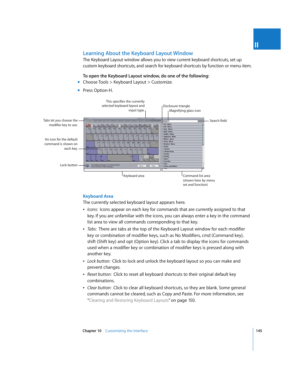 Learning about the keyboard layout window | Apple Final Cut Pro 5 User Manual | Page 146 / 1868