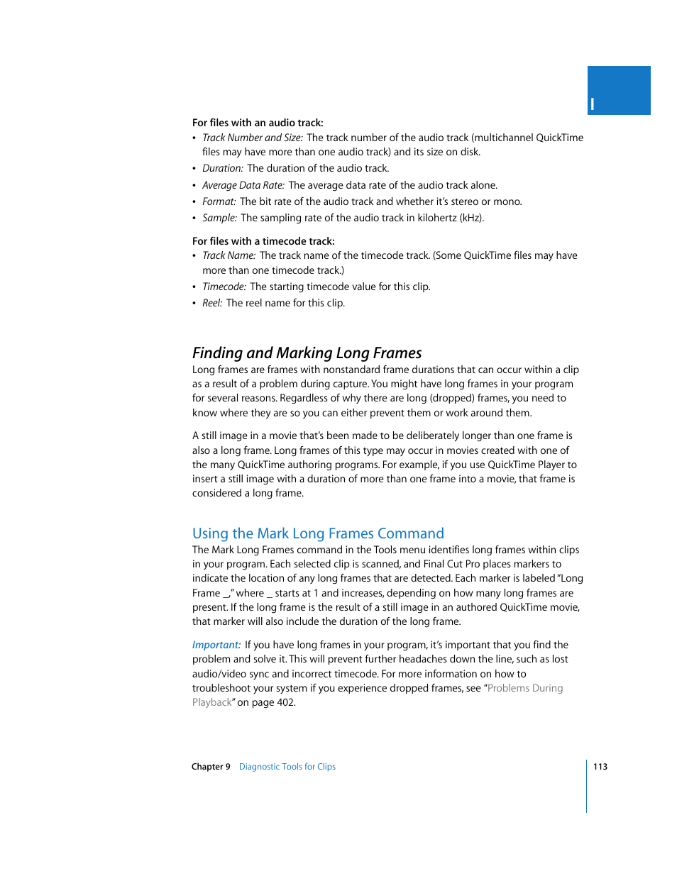 Finding and marking long frames, Using the mark long frames command, P. 113) | Apple Final Cut Pro 5 User Manual | Page 1464 / 1868