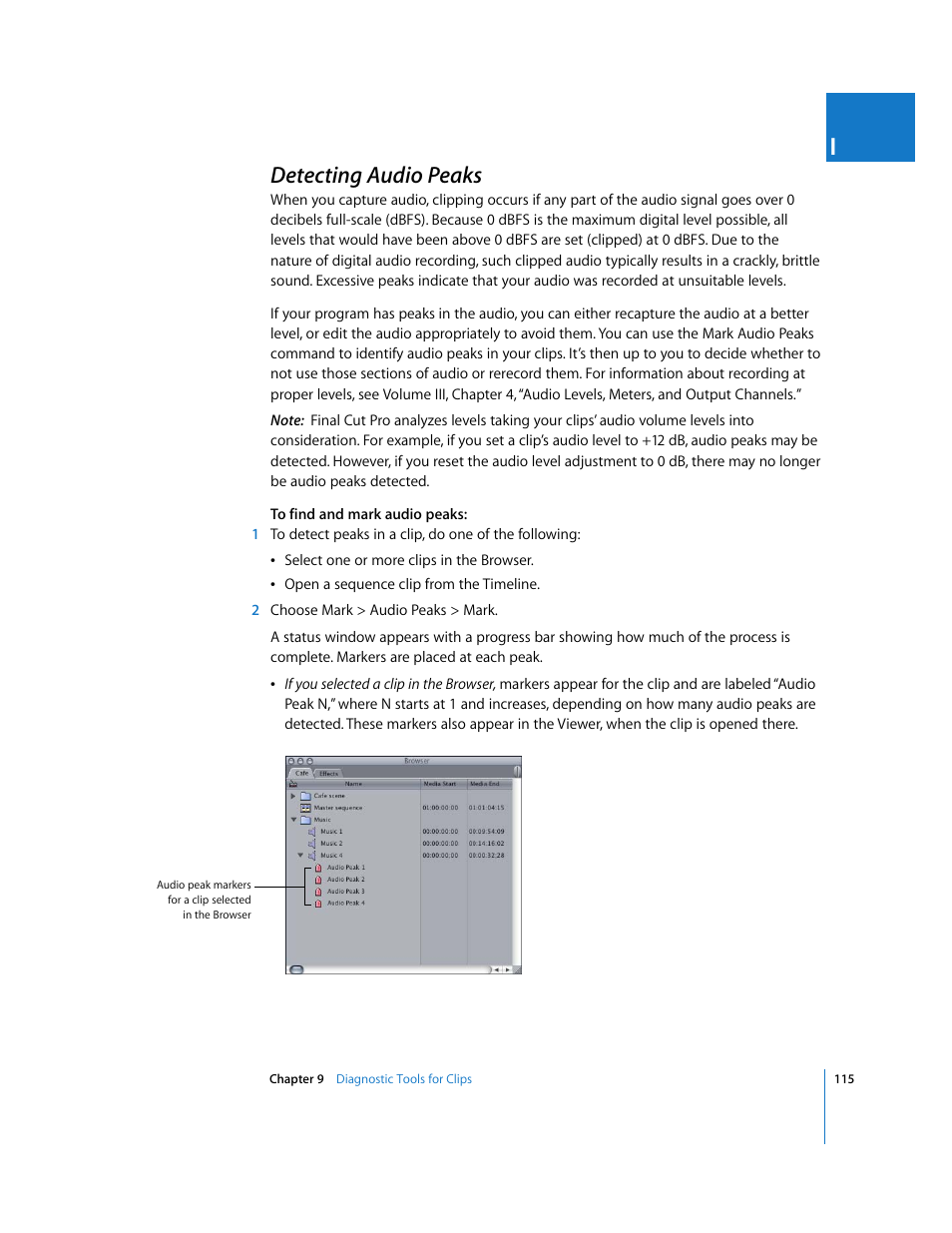 Detecting audio peaks, P. 115), Detecting audio | Peaks | Apple Final Cut Pro 5 User Manual | Page 1466 / 1868