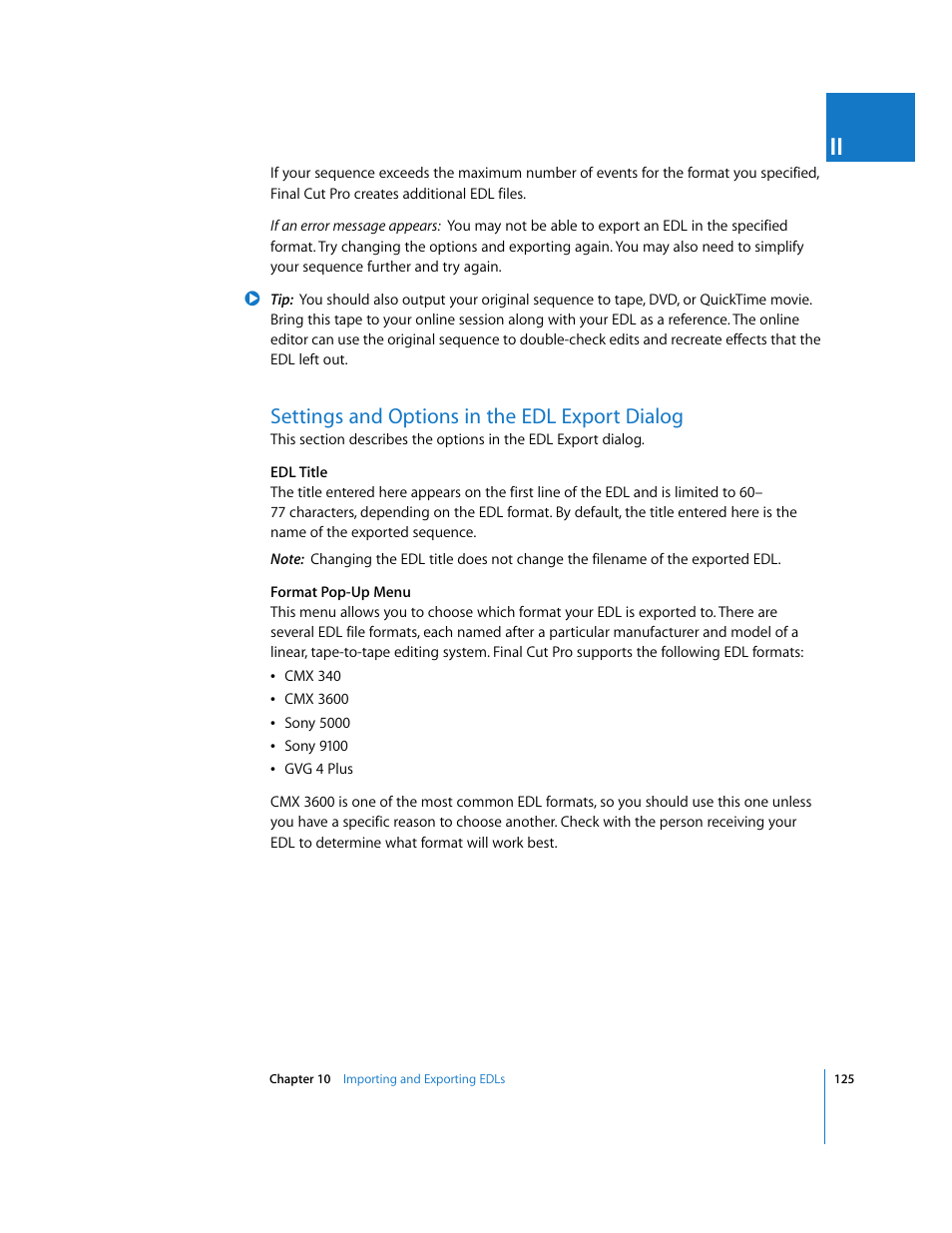 Settings and options in the edl export dialog | Apple Final Cut Pro 5 User Manual | Page 1476 / 1868