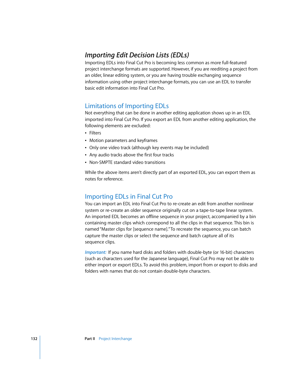 Importing edit decision lists (edls), Limitations of importing edls, Importing edls in final cut pro | P. 132) | Apple Final Cut Pro 5 User Manual | Page 1483 / 1868