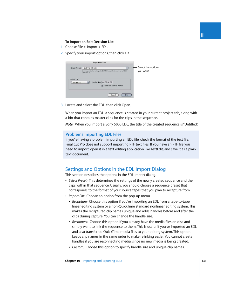 Problems importing edl files, Settings and options in the edl import dialog | Apple Final Cut Pro 5 User Manual | Page 1484 / 1868