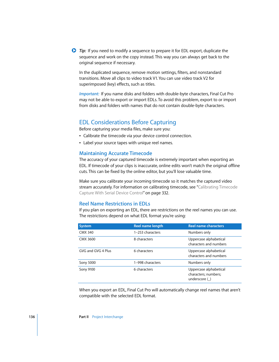 Edl considerations before capturing, Maintaining accurate timecode, Reel name restrictions in edls | Apple Final Cut Pro 5 User Manual | Page 1487 / 1868