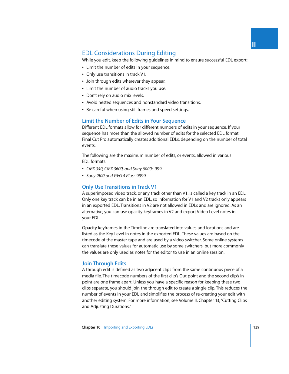 Edl considerations during editing, Limit the number of edits in your sequence, Only use transitions in track v1 | Join through edits | Apple Final Cut Pro 5 User Manual | Page 1490 / 1868