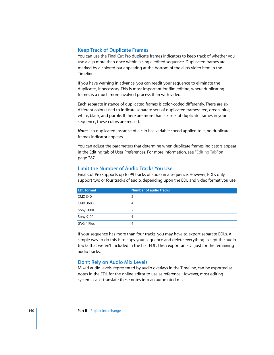 Keep track of duplicate frames, Limit the number of audio tracks you use, Don’t rely on audio mix levels | Apple Final Cut Pro 5 User Manual | Page 1491 / 1868