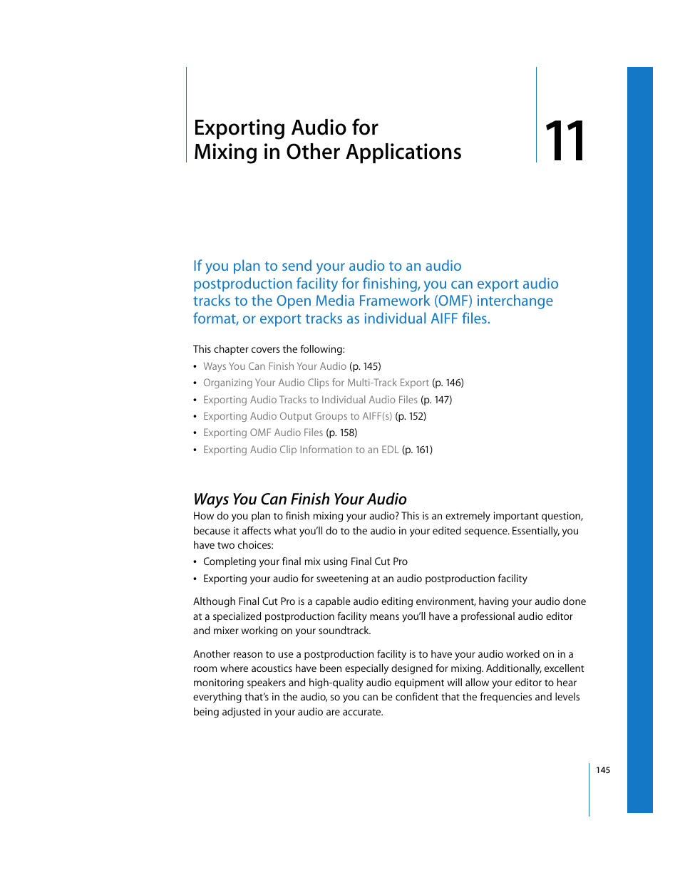 Exporting audio for mixing in other applications, Ways you can finish your audio, Chapter 11 | See chapter 11, Exporting audio for mixing in other, Applications | Apple Final Cut Pro 5 User Manual | Page 1496 / 1868